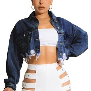 Women's Cropped Jean Jacket Button Up Long Sleeve Ripped Denim Jacket Dark Blue
